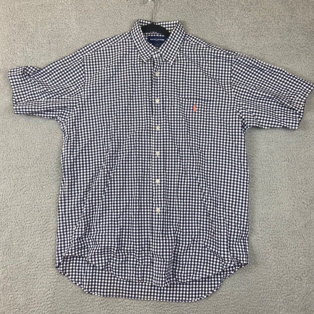 Ralph Lauren Shirt Mens Large Blue White Gingham Short Sleeve Tilden Fit Polo
